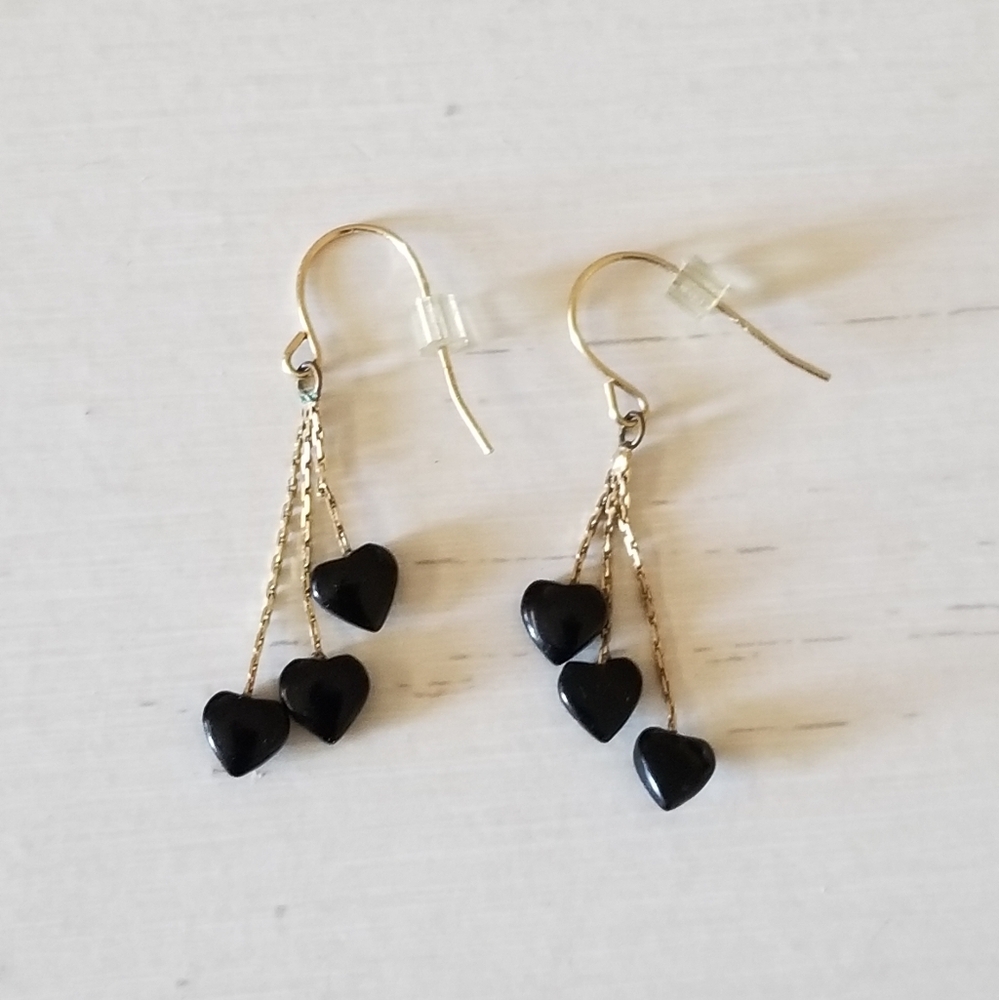 14K Gold Onyx Dangling Heart Earrings